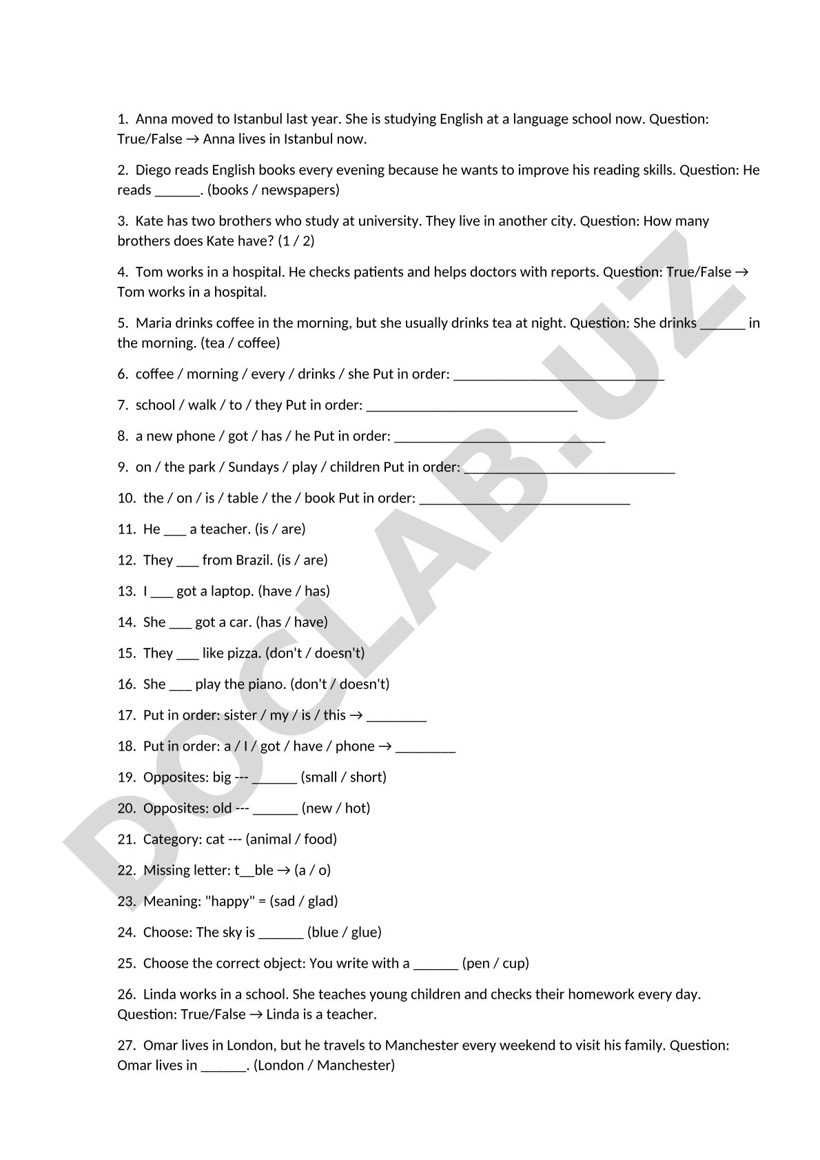 English Grammar Exercises: Present Simple, Word Order, Questions