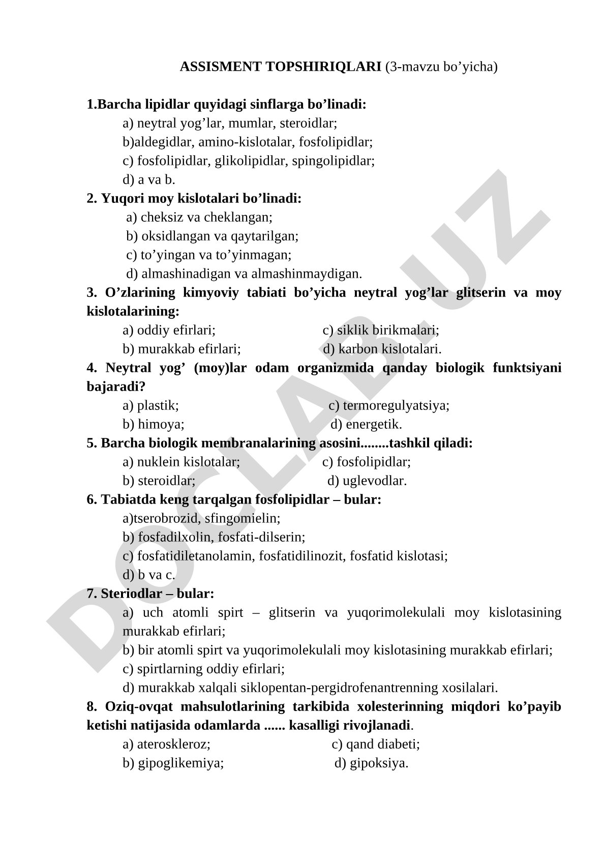 Lipidlar sinflari va funktsiyalari
