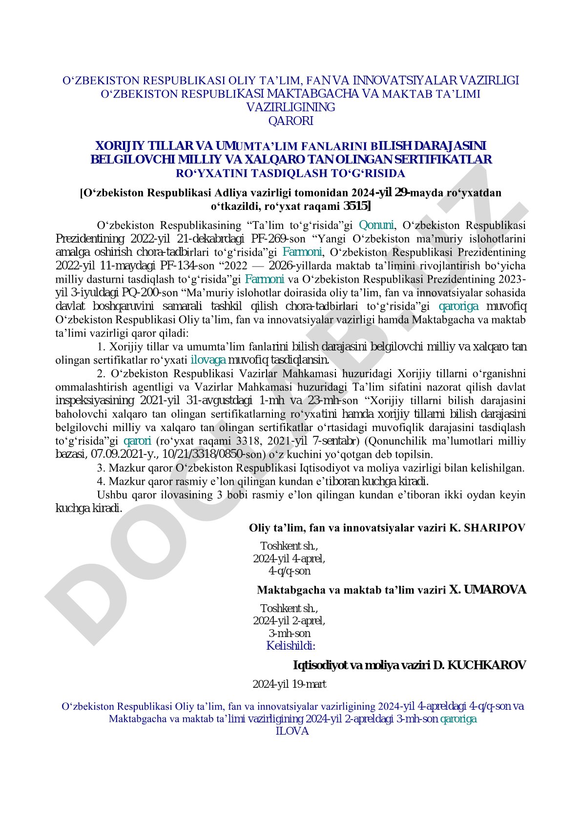 Xorijiy tillar va umumtaʼlim fanlarini bilish darajasini belgilovchi milliy va xalqaro tan olingan sertifikatlar roʻyxatini tasdiqlash toʻgʻrisida