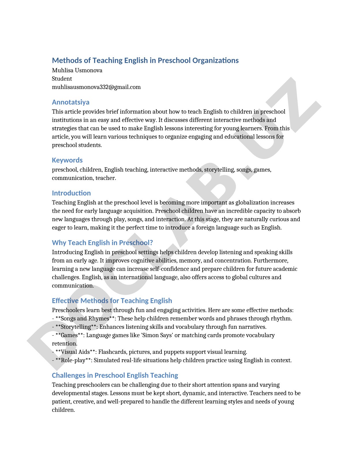 Methods of Teaching English in Preschool Organizations