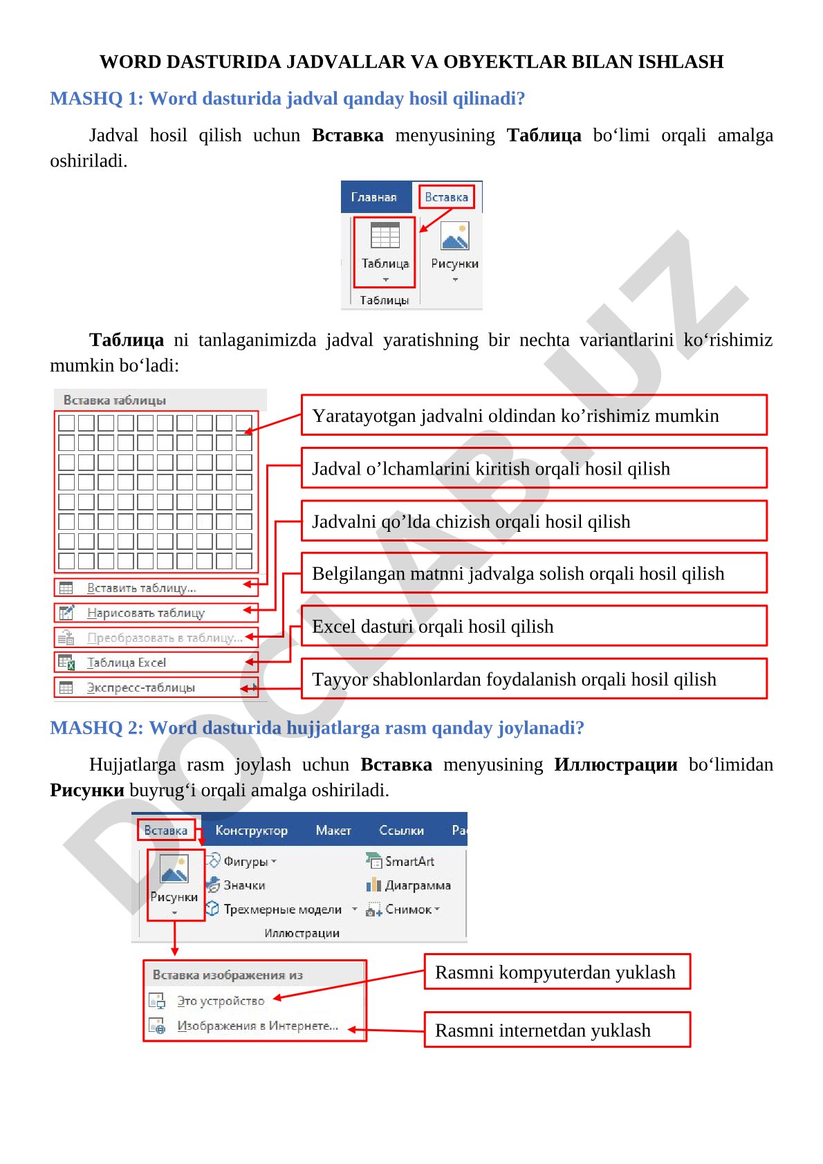 Word dasturida jadval, rasm, SmartArt va shakllar bilan ishlash