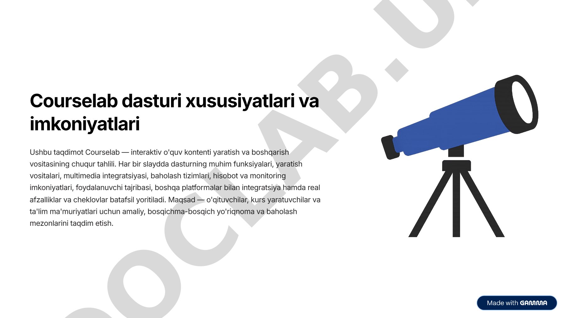 Courselab dasturi xususiyatlari va imkoniyatlari