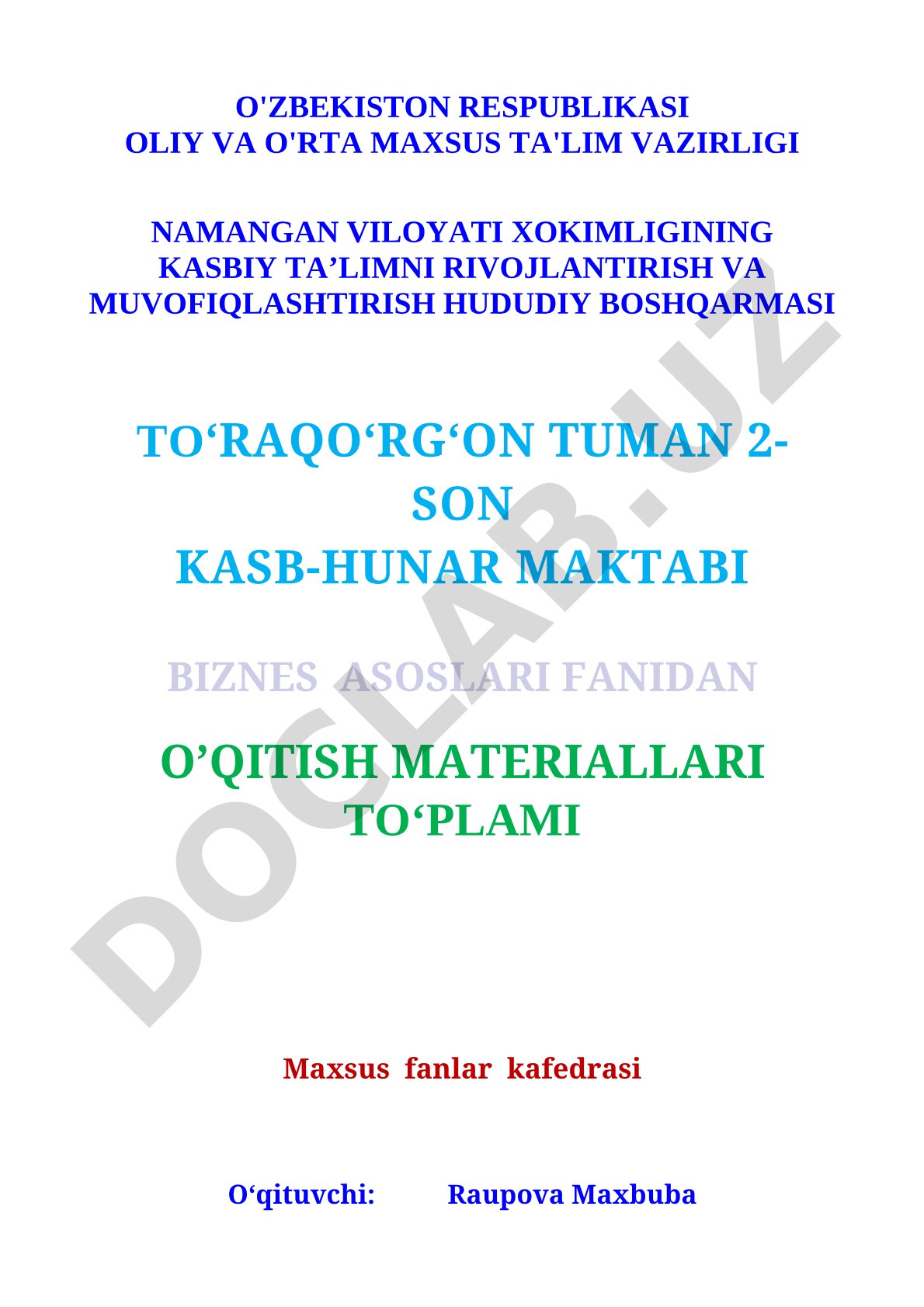Biznes asoslari fanidan o'qitish materiallari to'plami