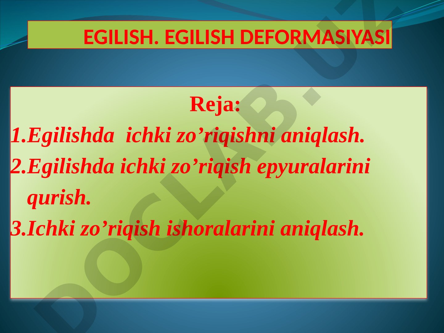 Egilish deformatsiyasi va ichki zo'riqishlar epyuralari