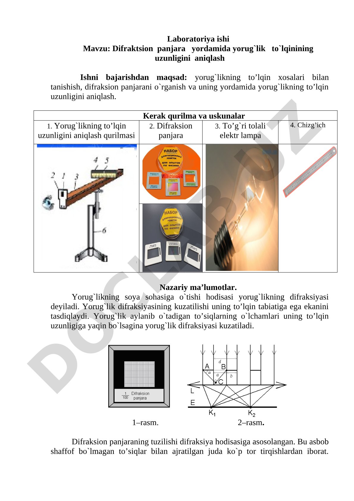 Difraktsion panjara yordamida yorug`lik to`lqinining uzunligini aniqlash