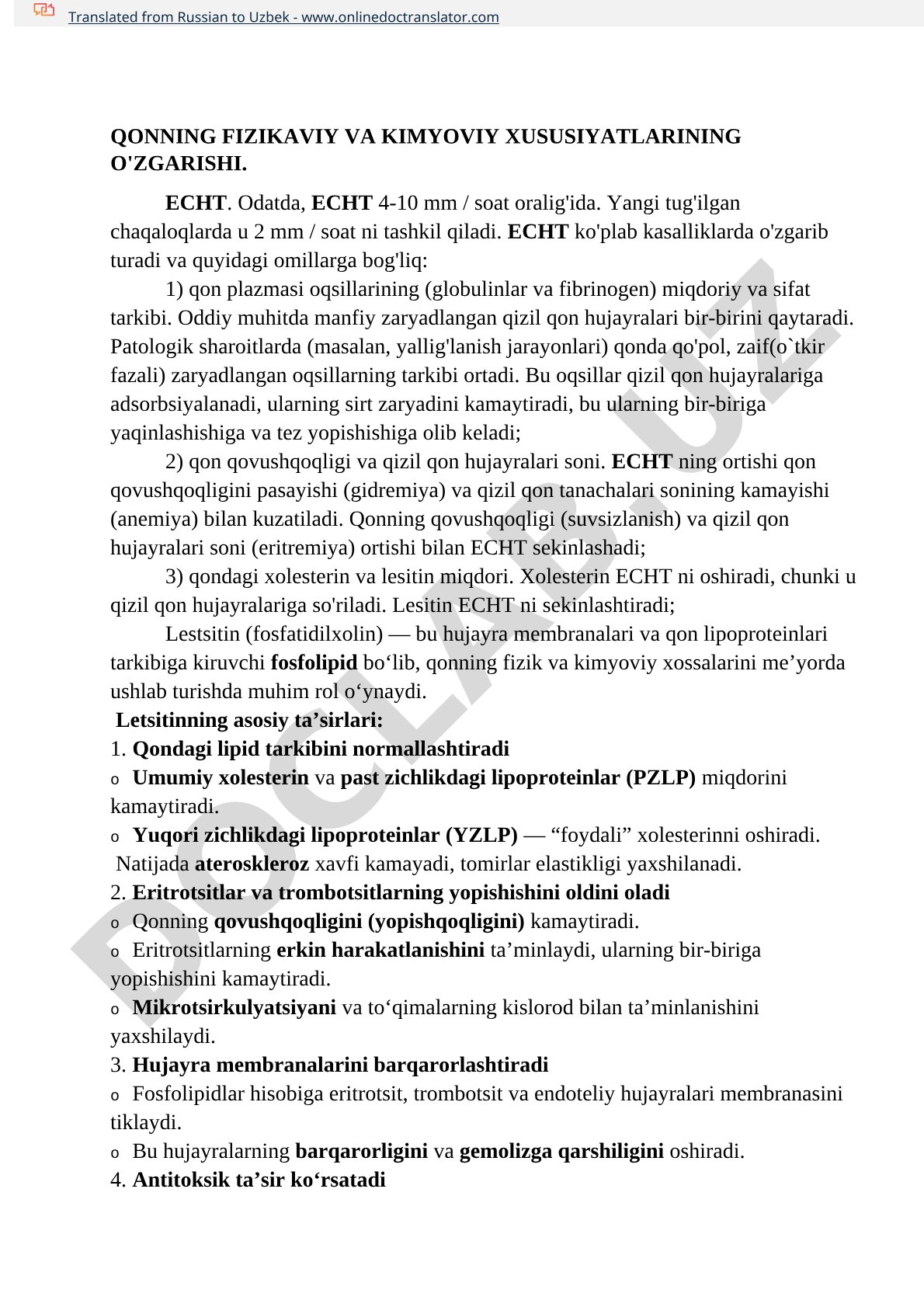 Qonning fizikaviy va kimyoviy xususiyatlarining o'zgarishi