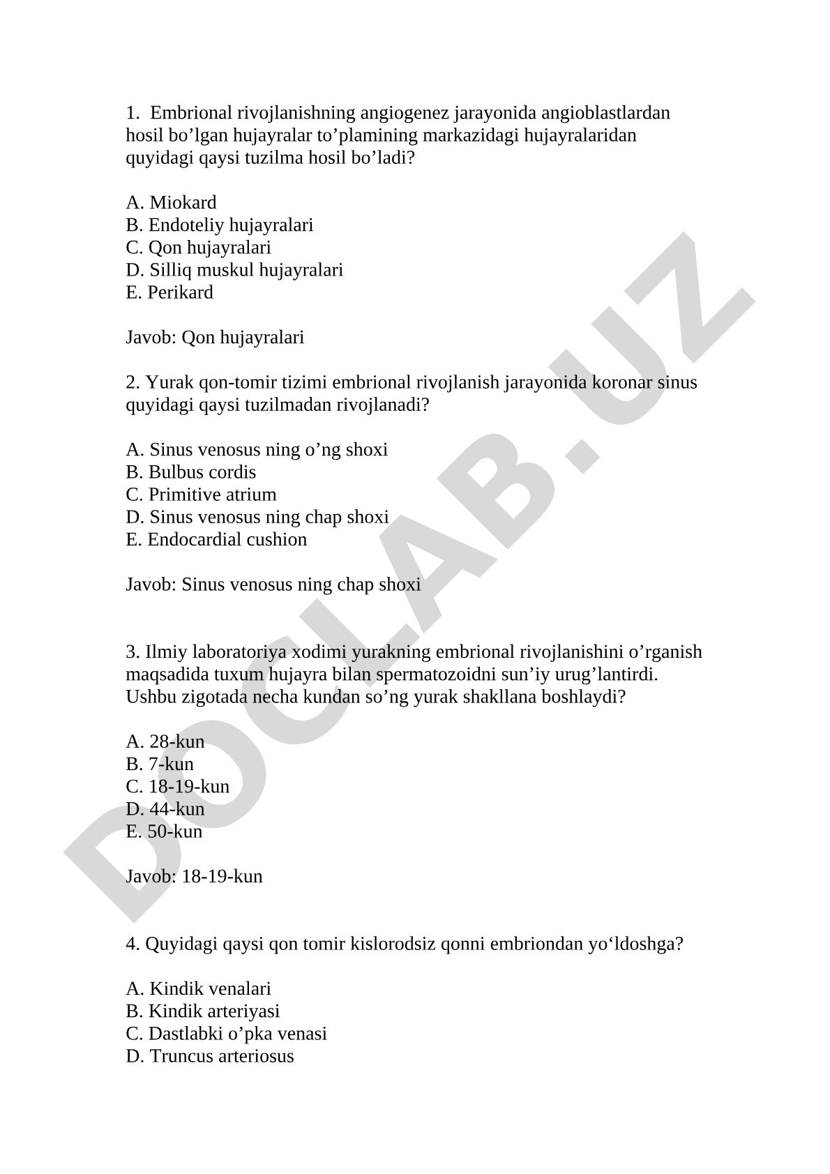 Embrional rivojlanishda yurak va qon-tomir tizimi test savollari