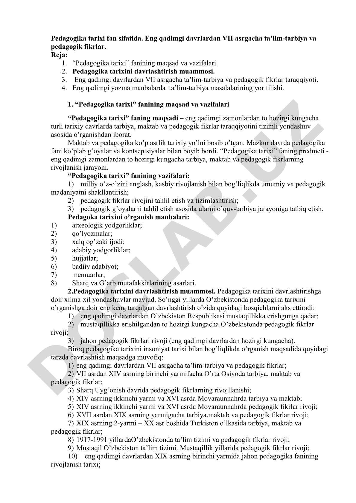 Pedagogika tarixi fan sifatida. Eng qadimgi davrlardan VII asrgacha ta’lim-tarbiya va pedagogik fikrlar