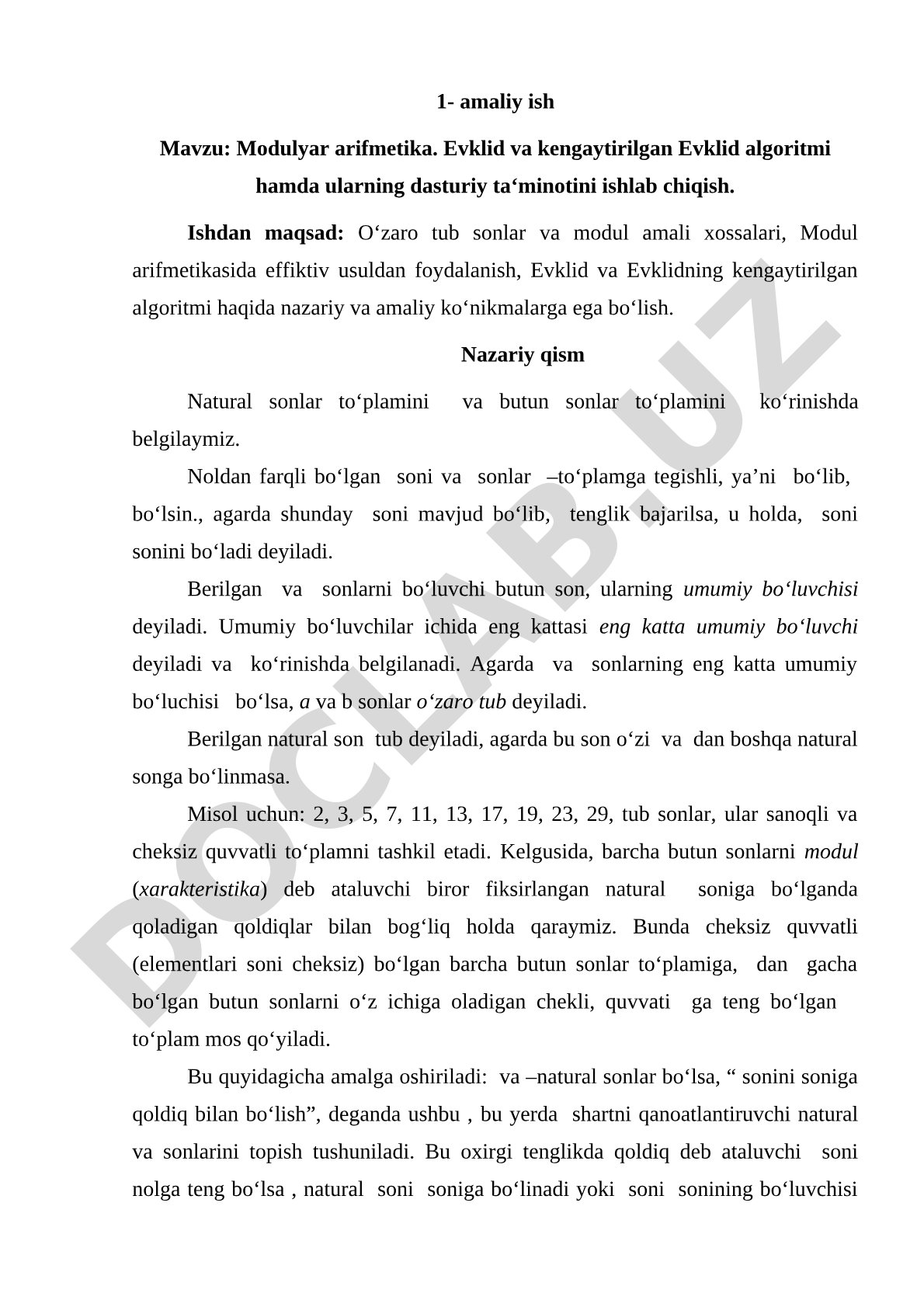 Modulyar arifmetika. Evklid va kengaytirilgan Evklid algoritmi hamda dasturiy ta'minotini ishlab chiqish