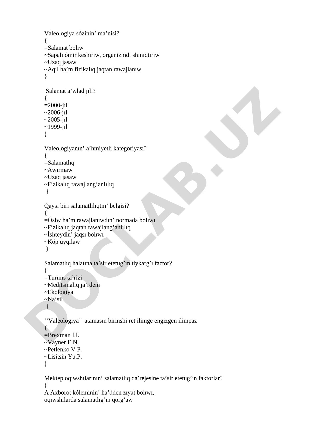 Valeologiya test savollari