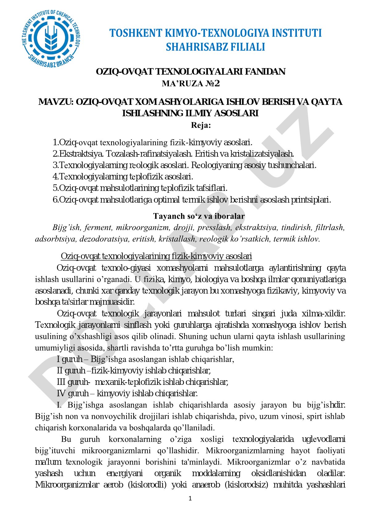 Oziq-ovqat xom ashyolariga ishlov berish va qayta ishlashning ilmiy asoslari
