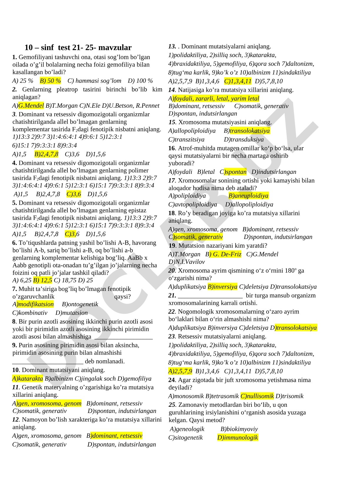 10-sinf biologiya test: gemofiliya va genlarning o'zaro ta'siri