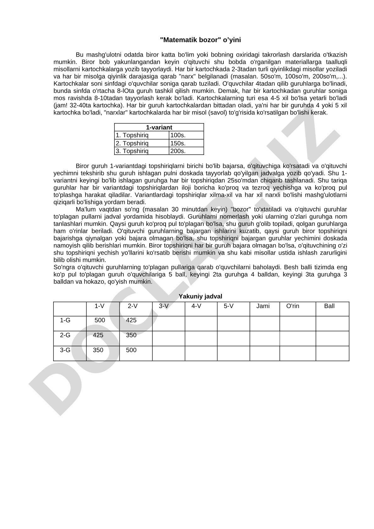 Matematika darsida o'rganilgan mavzularni takrorlash uchun o'yin metodikasi