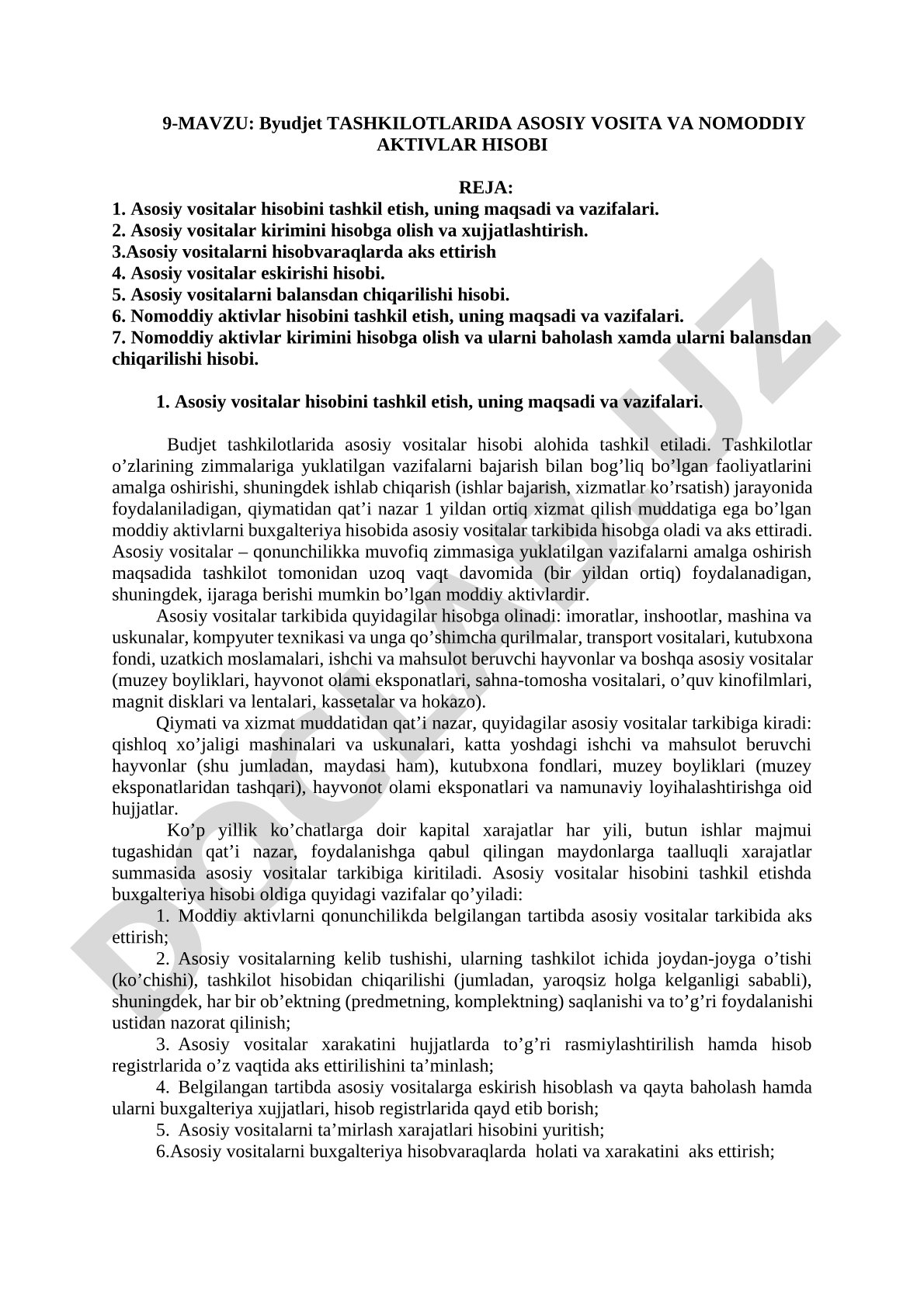 Byudjet tashkilotlarida asosiy vosita va nomoddiy aktivlar hisobi