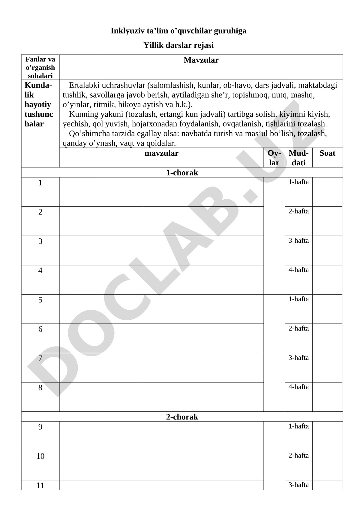 Inklyuziv ta'lim o'quvchilariga ona-tili fanidan yillik ish rejasi