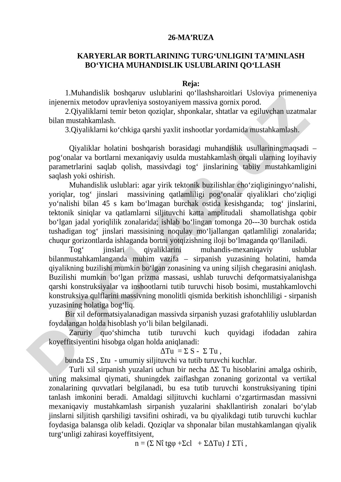 26-ma’ruza karyerlar bortlarining turg‘unligini ta’minlash bo‘yicha muhandislik uslublarini qo‘llash