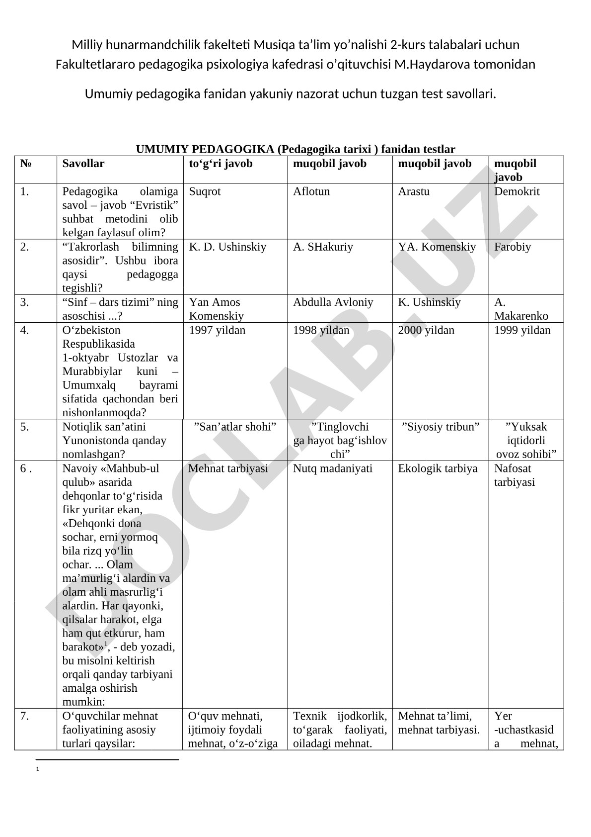UMUMIY PEDAGOGIKA (Pedagogika tarixi ) fanidan testlar