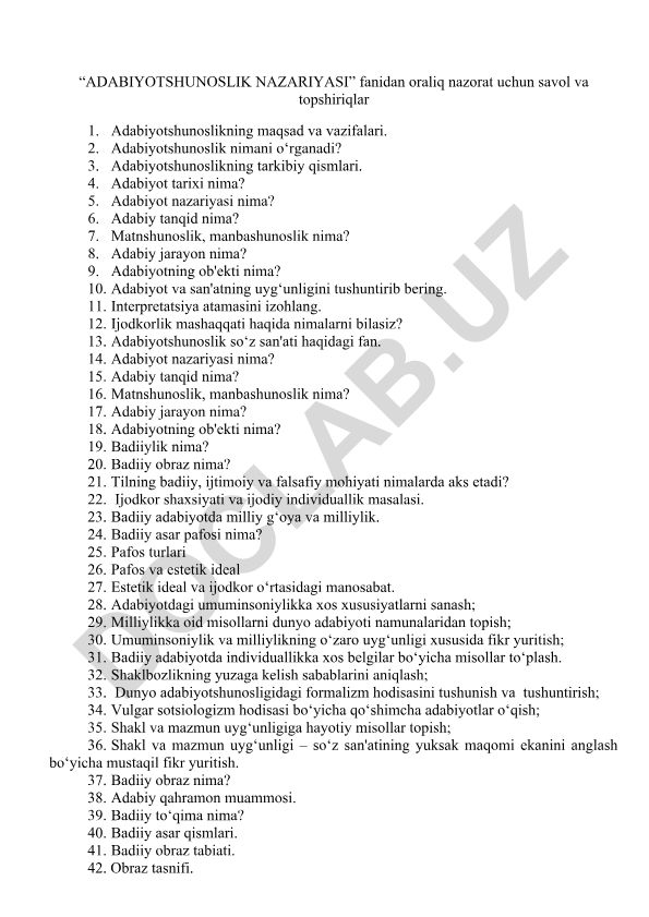 Adabiyotshunoslik nazariyasi fanidan oraliq nazorat savollari
