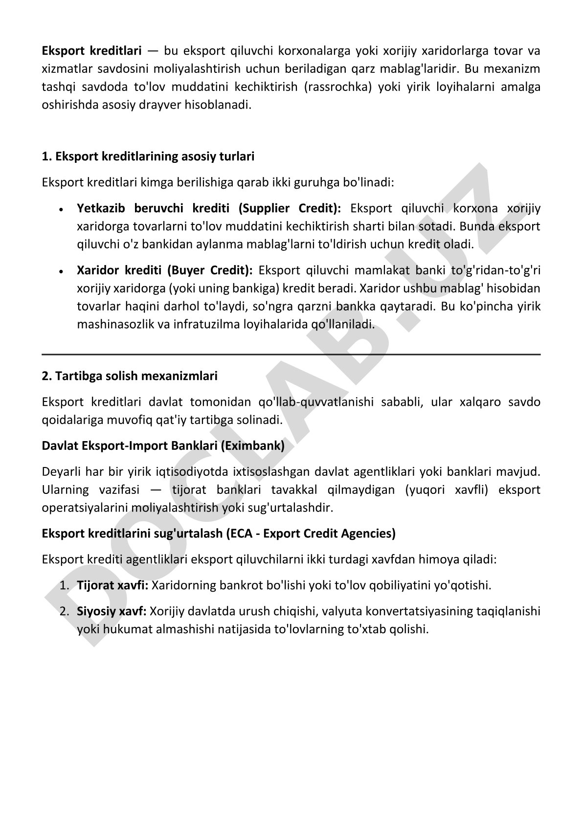 Eksport kreditlari: turlari va mexanizmlari