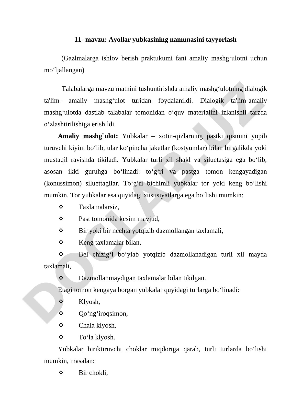 Ayollar yubkasining namunasini tayyorlash