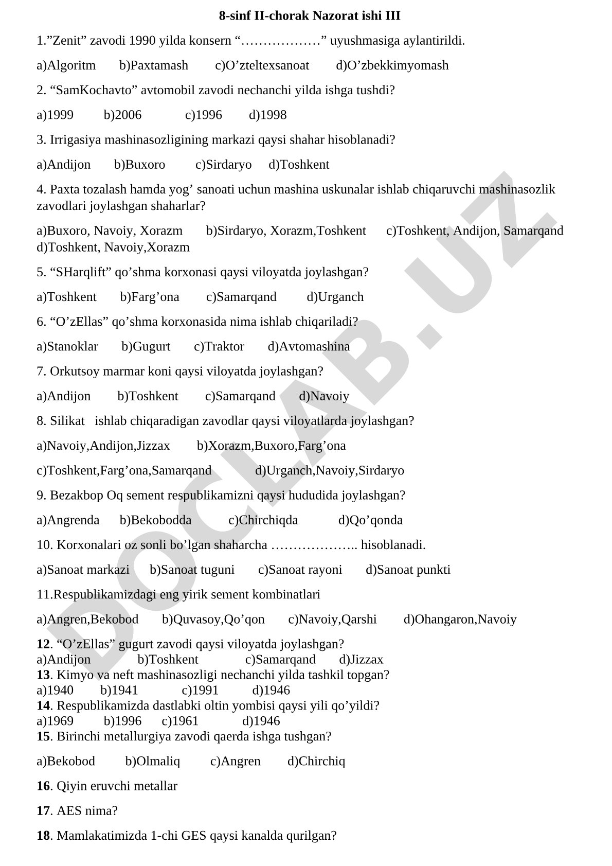 O'zbekiston sanoati bo'yicha 8-sinf test savollari