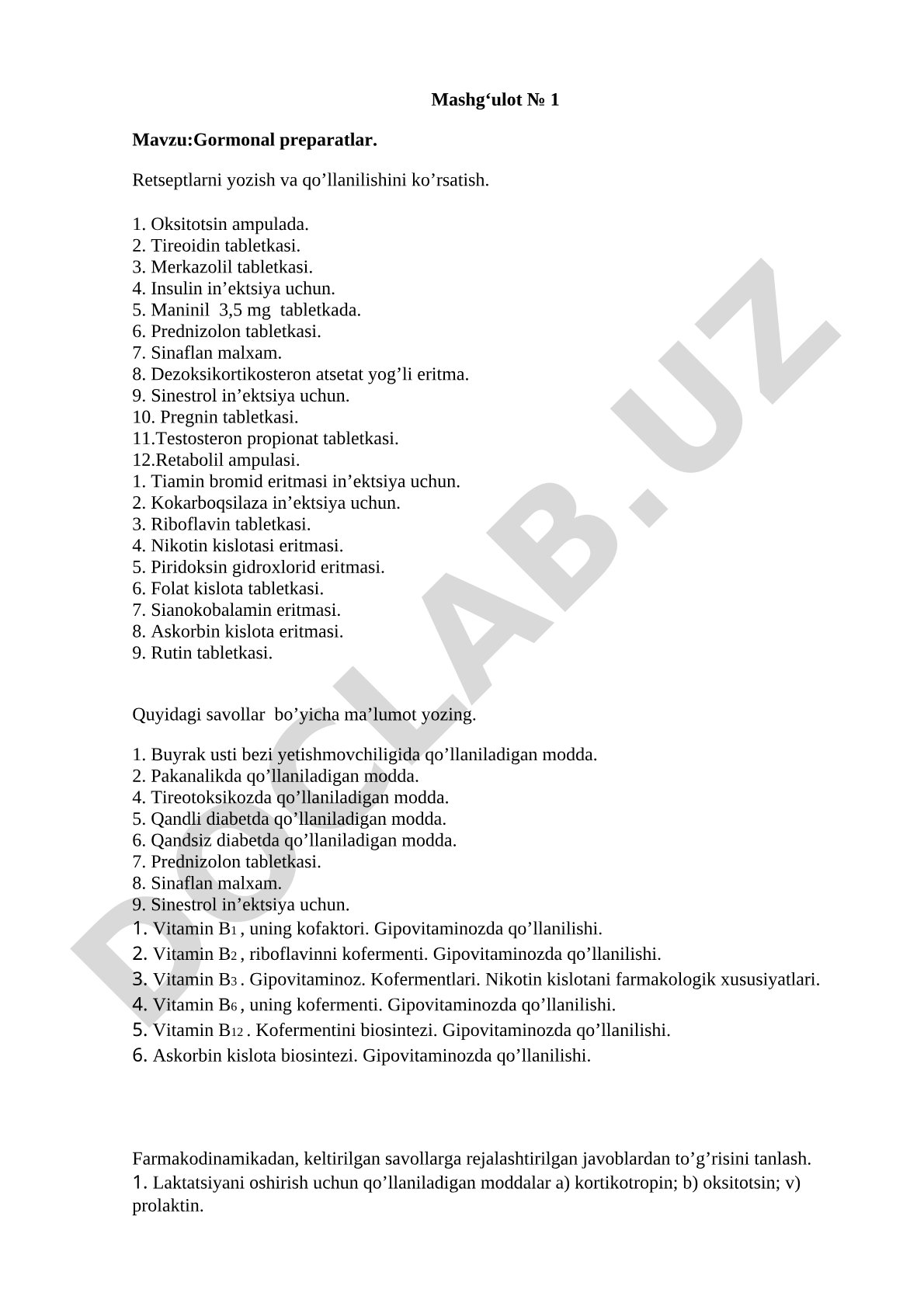 Gormonal preparatlar. Retseptlarni yozish va qo'llanilishini ko'rsatish