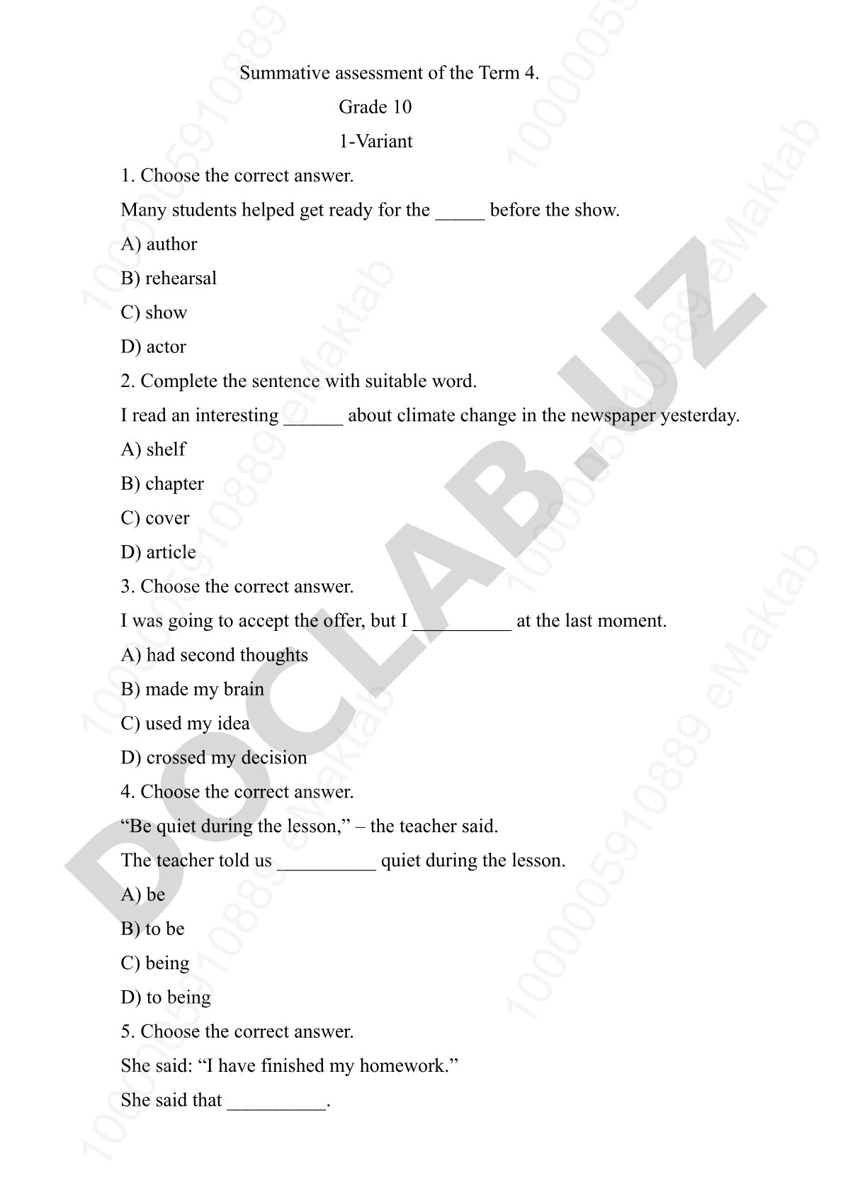 Grade 10 English Summative Assessment (Term 4)