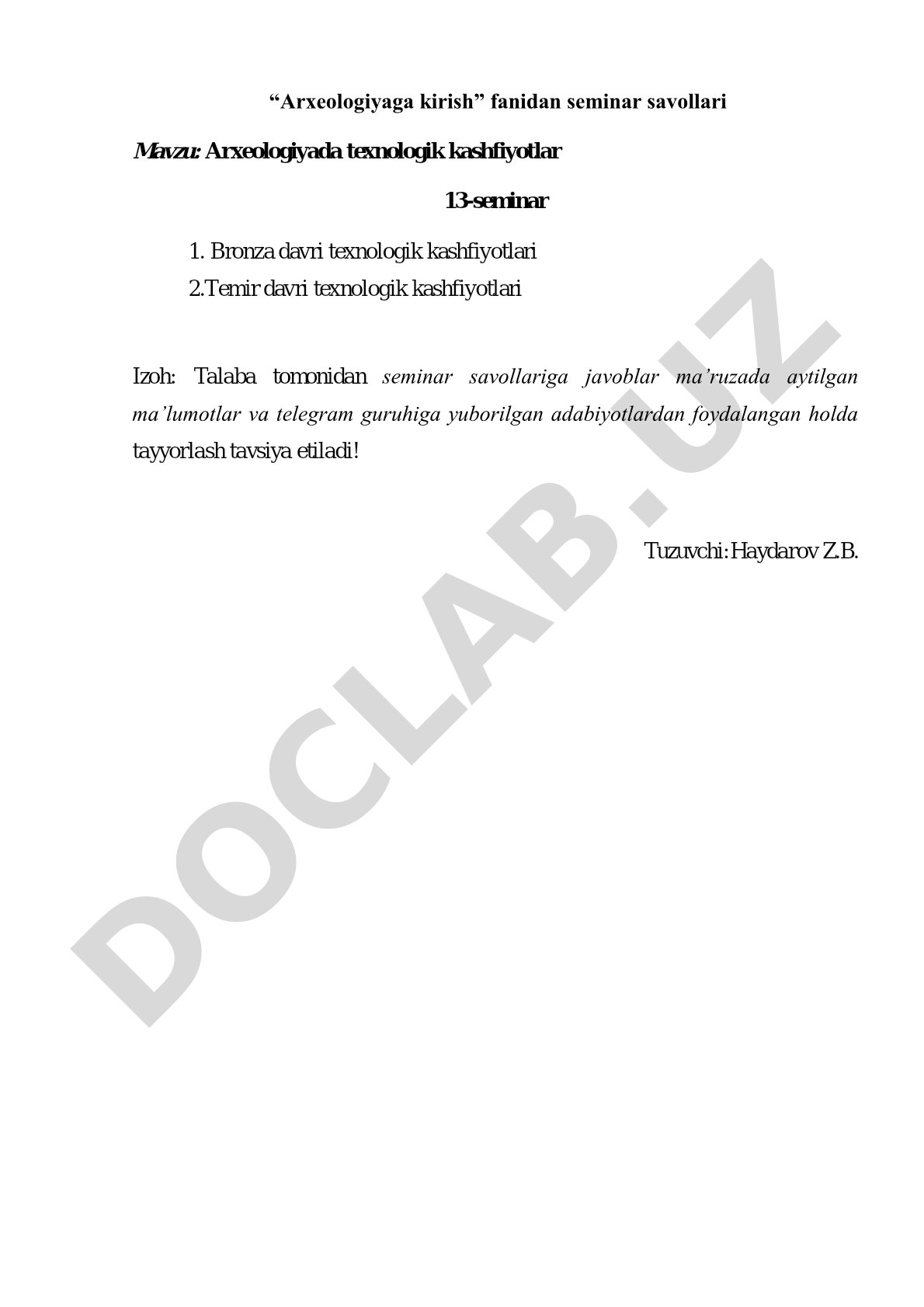 Seminar savollari: bronza va temir davri texnologik kashfiyotlari