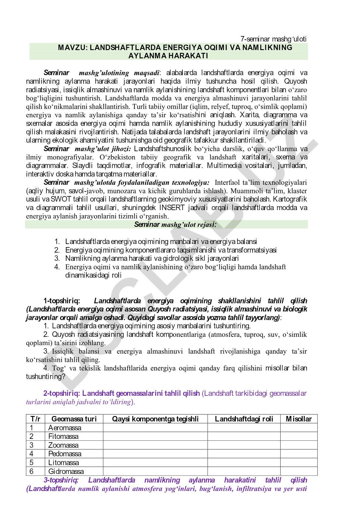 Landshaftlarda energiya oqimi va namlikning aylanma harakati