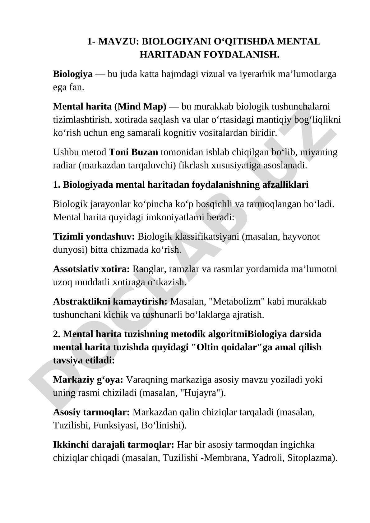 Biologiyani o‘qitishda mental haritadan foydalanish