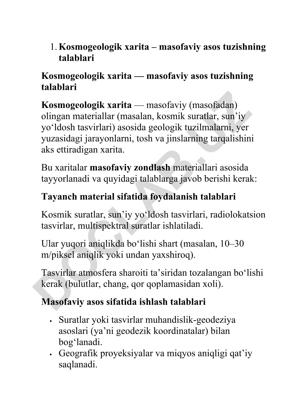 Kosmogeologik xarita tuzishning masofaviy asos talablari