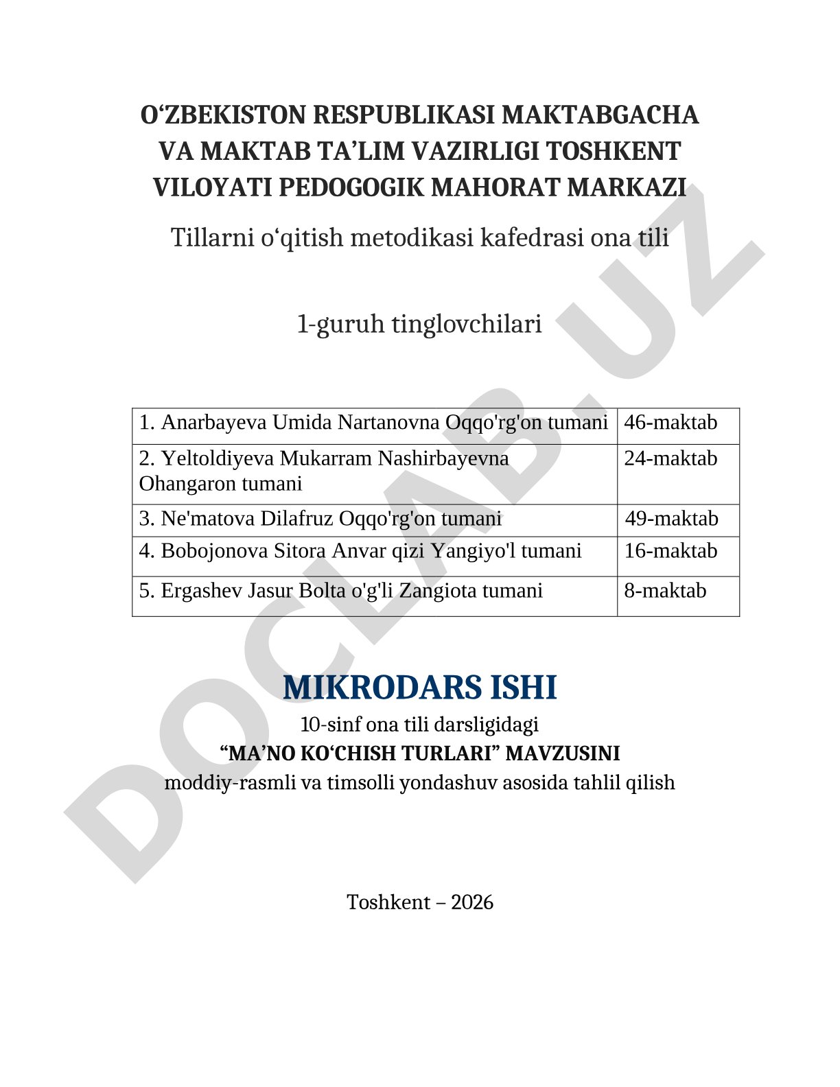 Ma'no ko'chish turlarini o'qitishning metodik asoslari