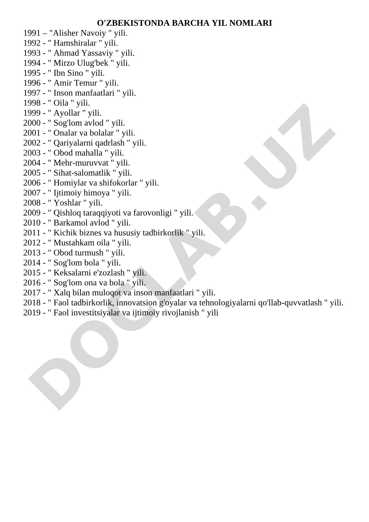 O'zbekistonda 1991-2019 yillar nomlari