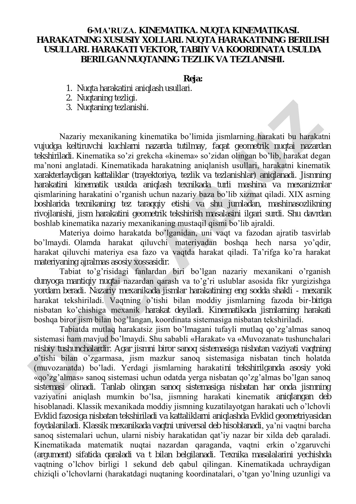 Kinematika. Nuqta kinematikasi. Harakatning xususiy xollari.