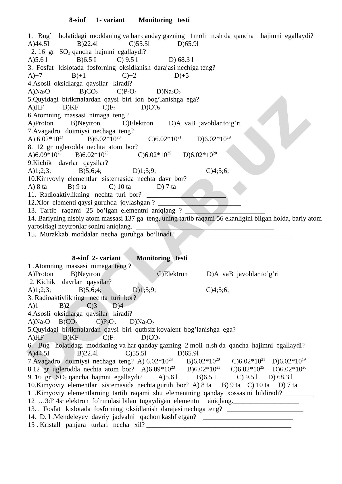 8-sinf 1- variant Monitoring testi
