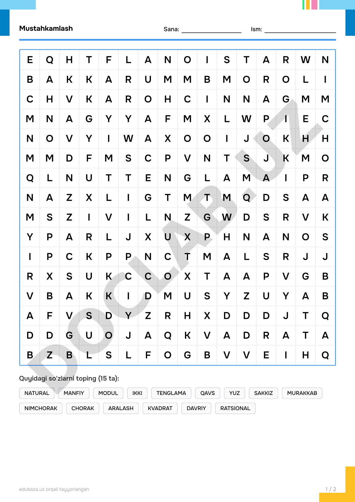 Matematik atamalar so'z qidiruv boshqotirmasi