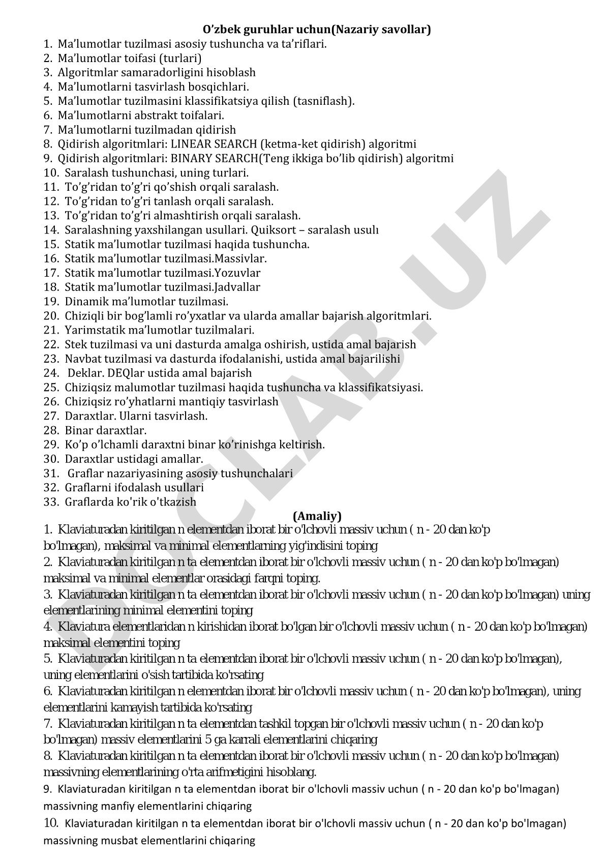 Ma'lumotlar tuzilmasi nazariy savollari