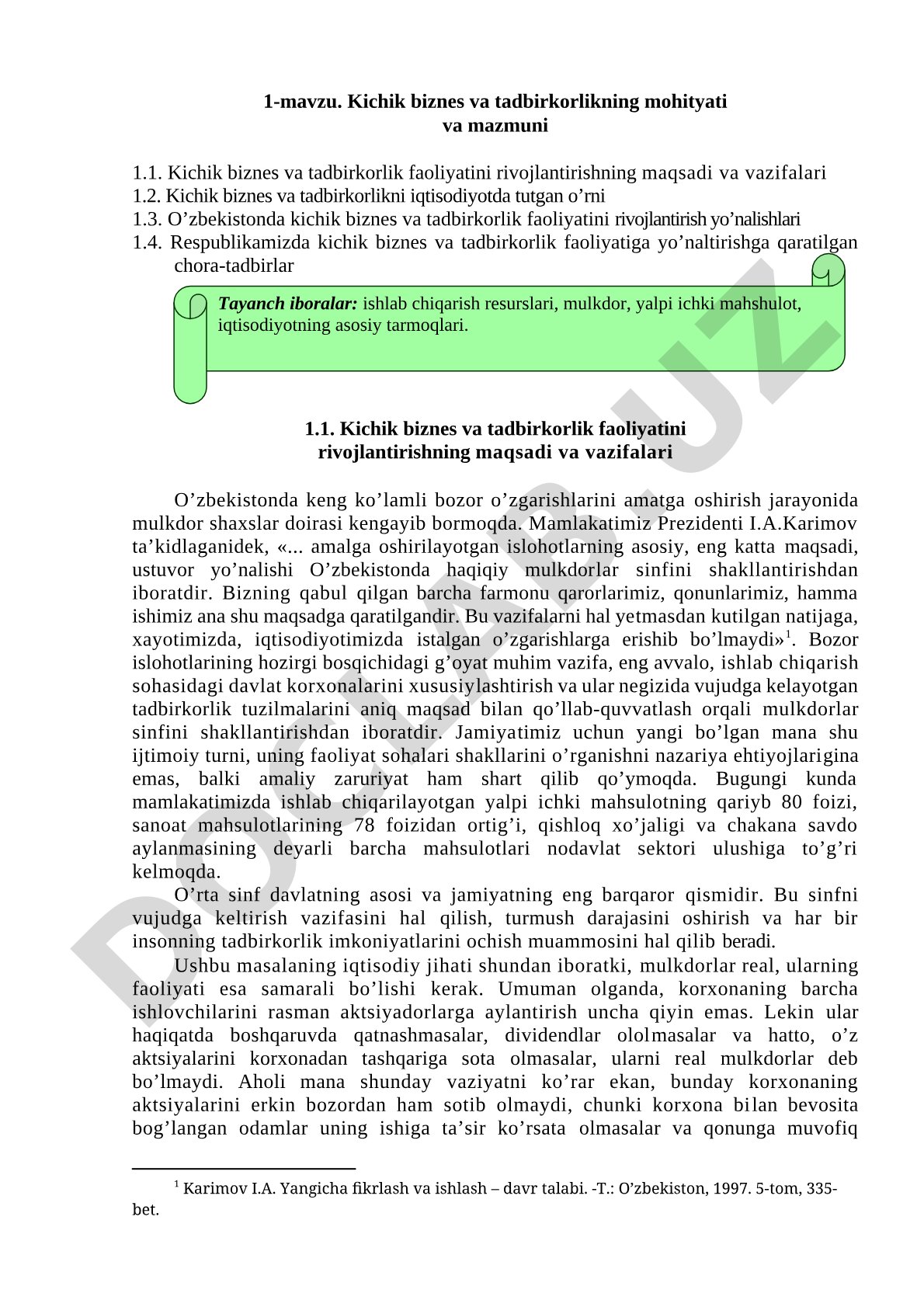 Kichik biznes va tadbirkorlikning mohityati va mazmuni