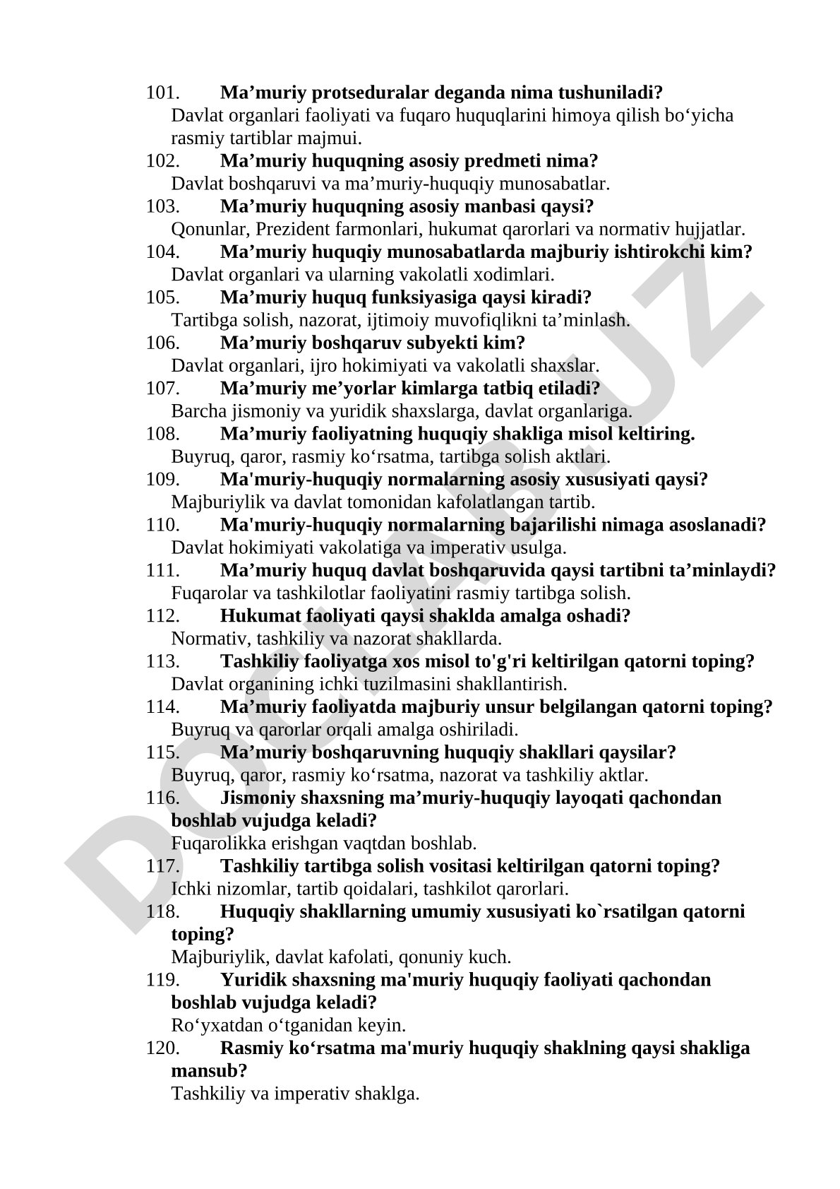 Ma'muriy huquq asoslari bo'yicha savol-javoblar