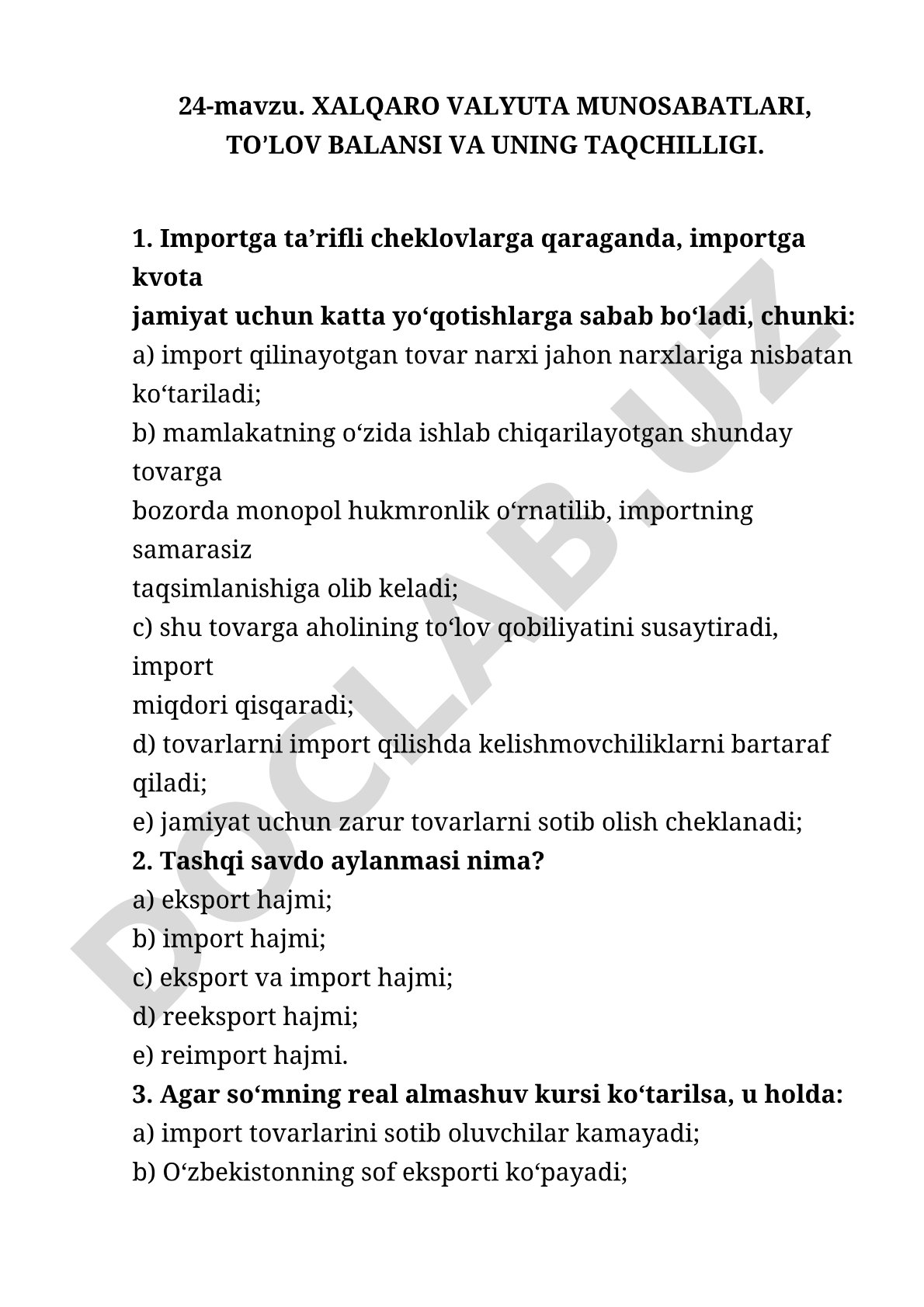 XALQARO VALYUTA MUNOSABATLARI, TO’LOV BALANSI VA UNING TAQCHILLIGI