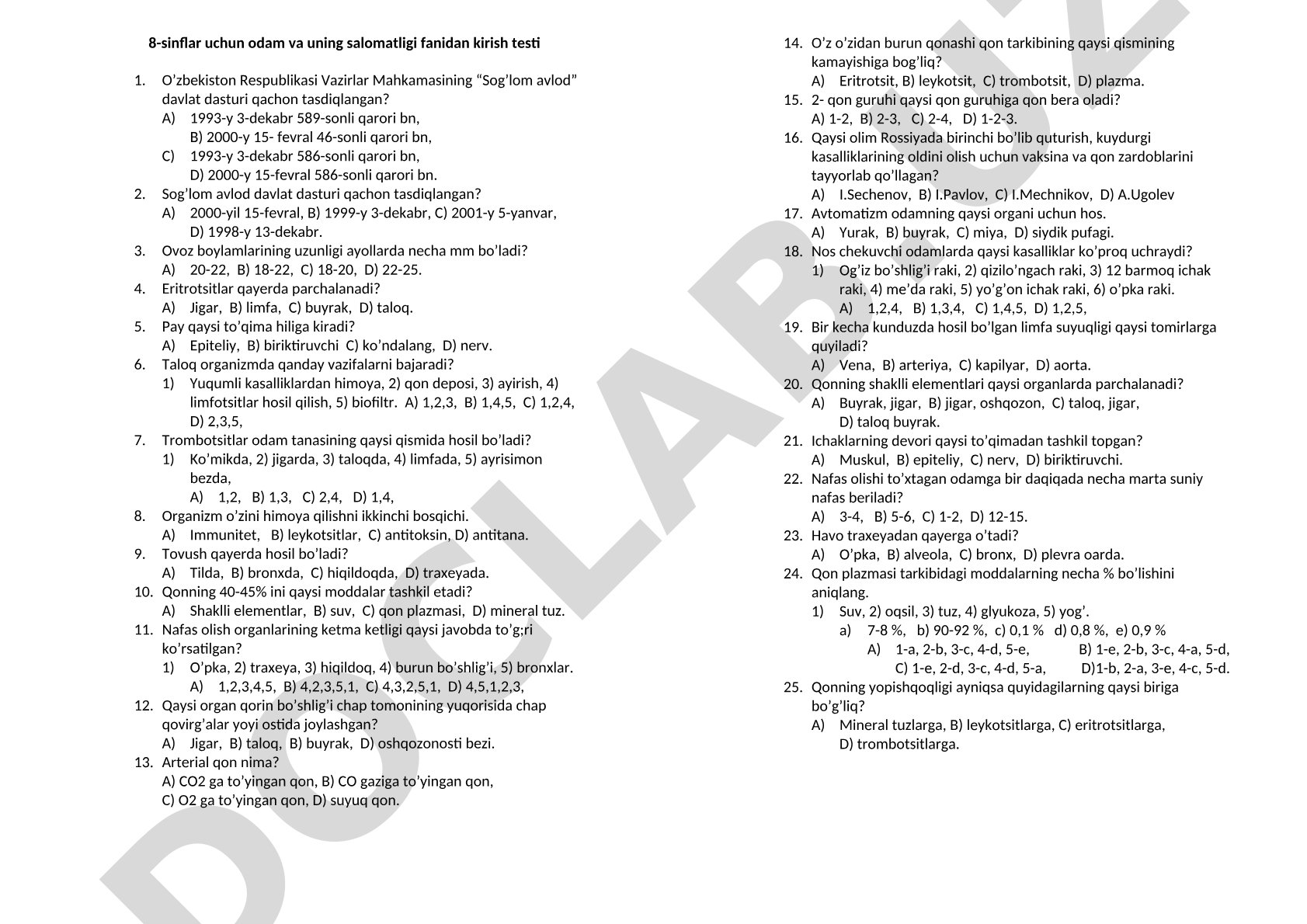 8-sinflar uchun odam va uning salomatligi fanidan kirish testi