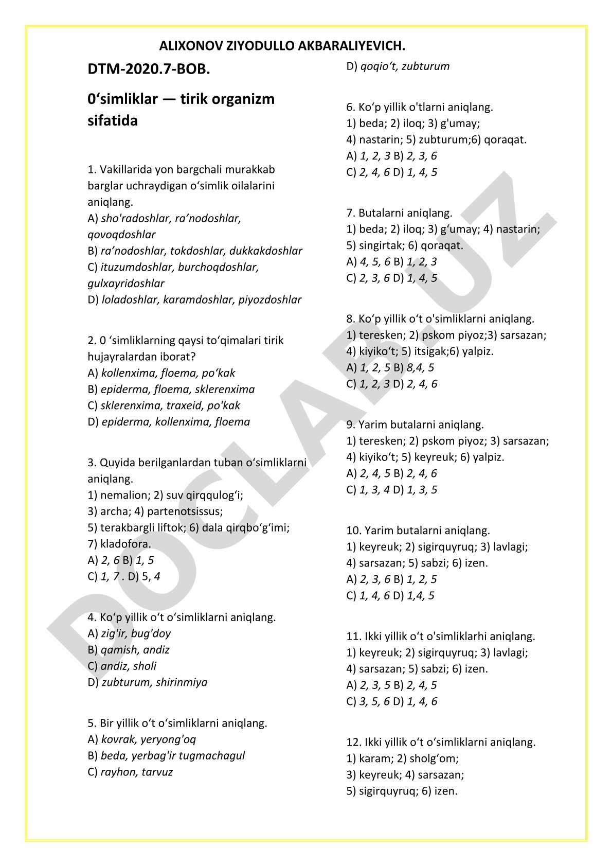 O'simliklar — tirik organizm sifatida