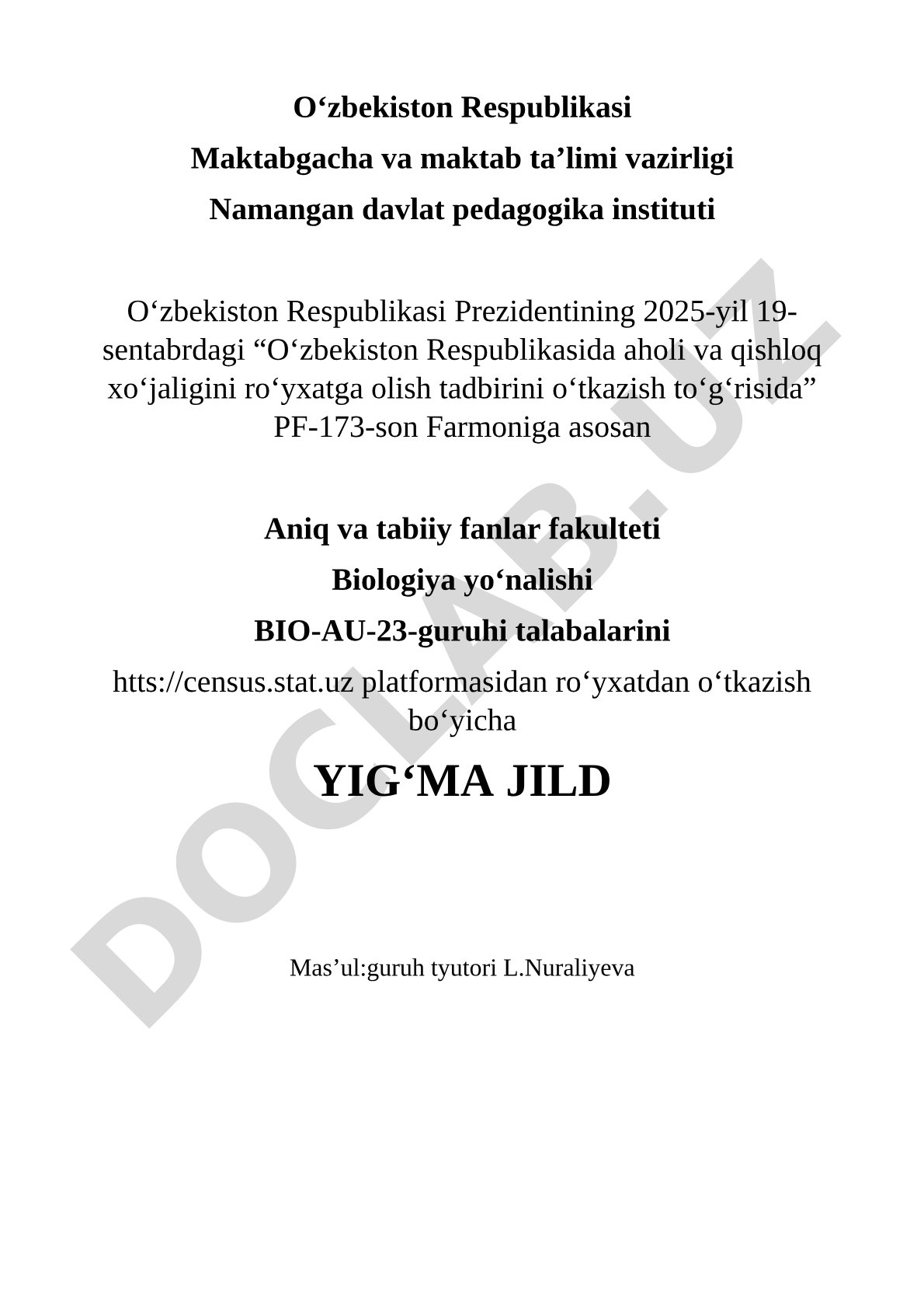Aholi va qishloq xo‘jaligini ro‘yxatga olish tadbiri bo‘yicha yig‘ma jild