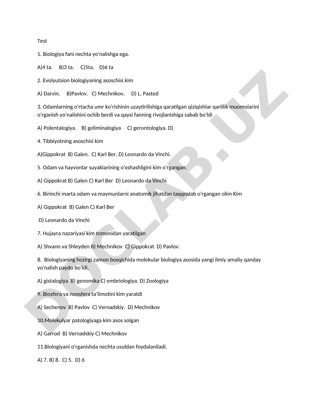 Biologiya fanidan test savollari