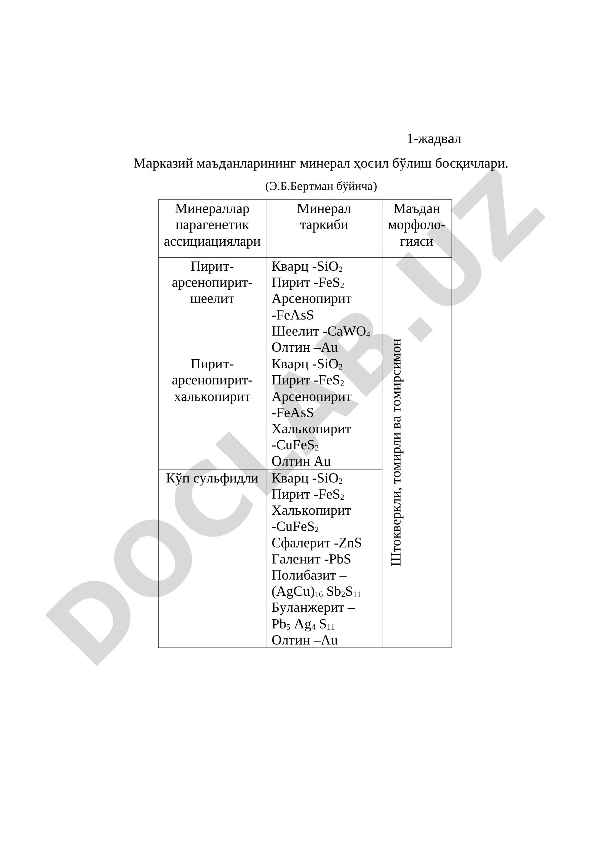 Марказий маъданларининг минерал ҳосил бўлиш босқичлари