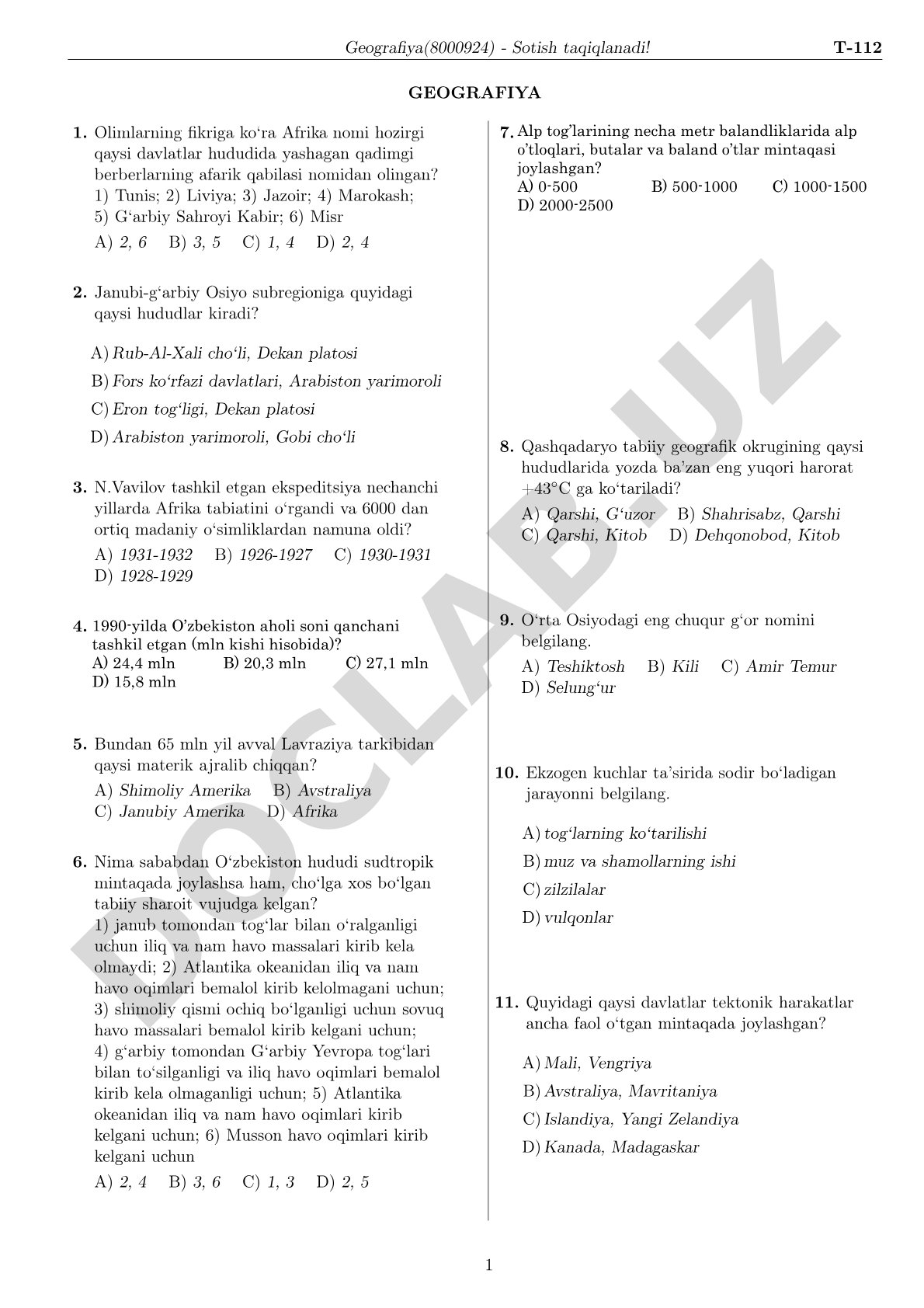 Geografiya fanidan test savollari
