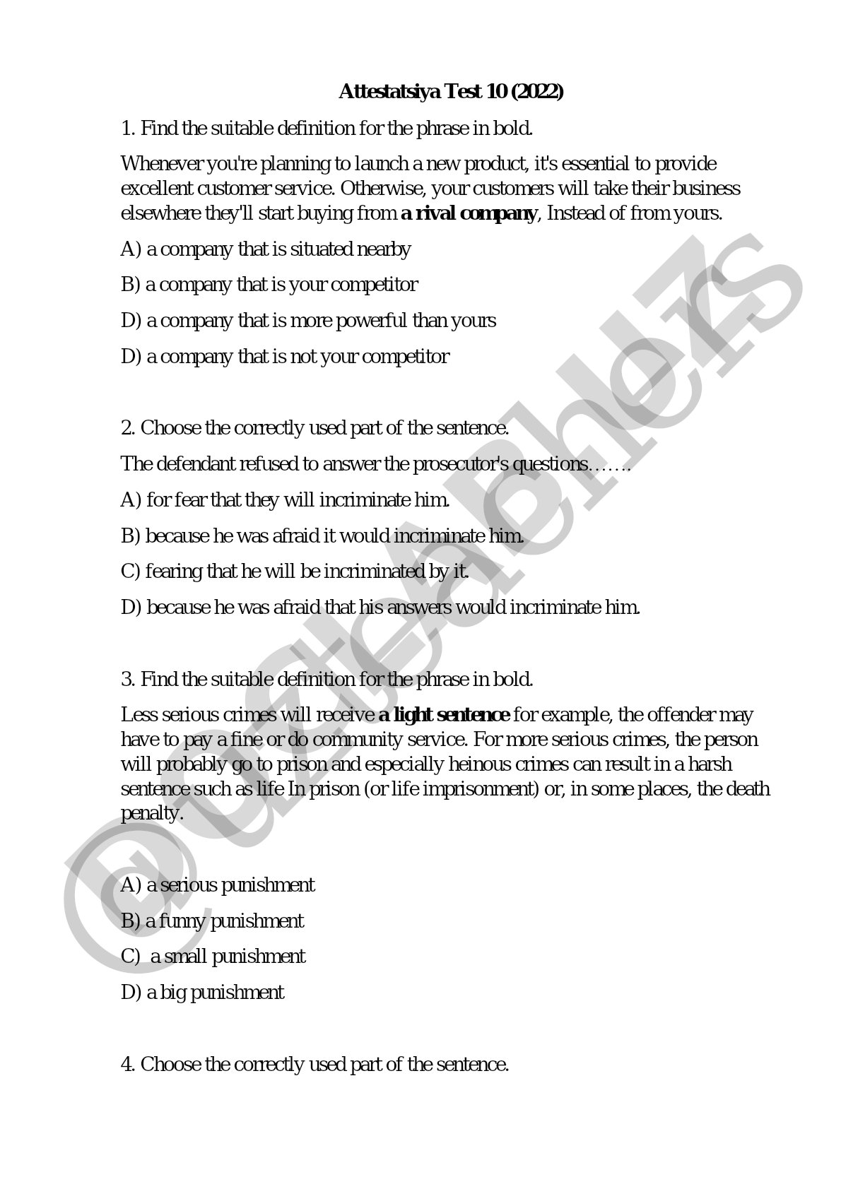 Attestatsiya Test 10: English Vocabulary and Grammar