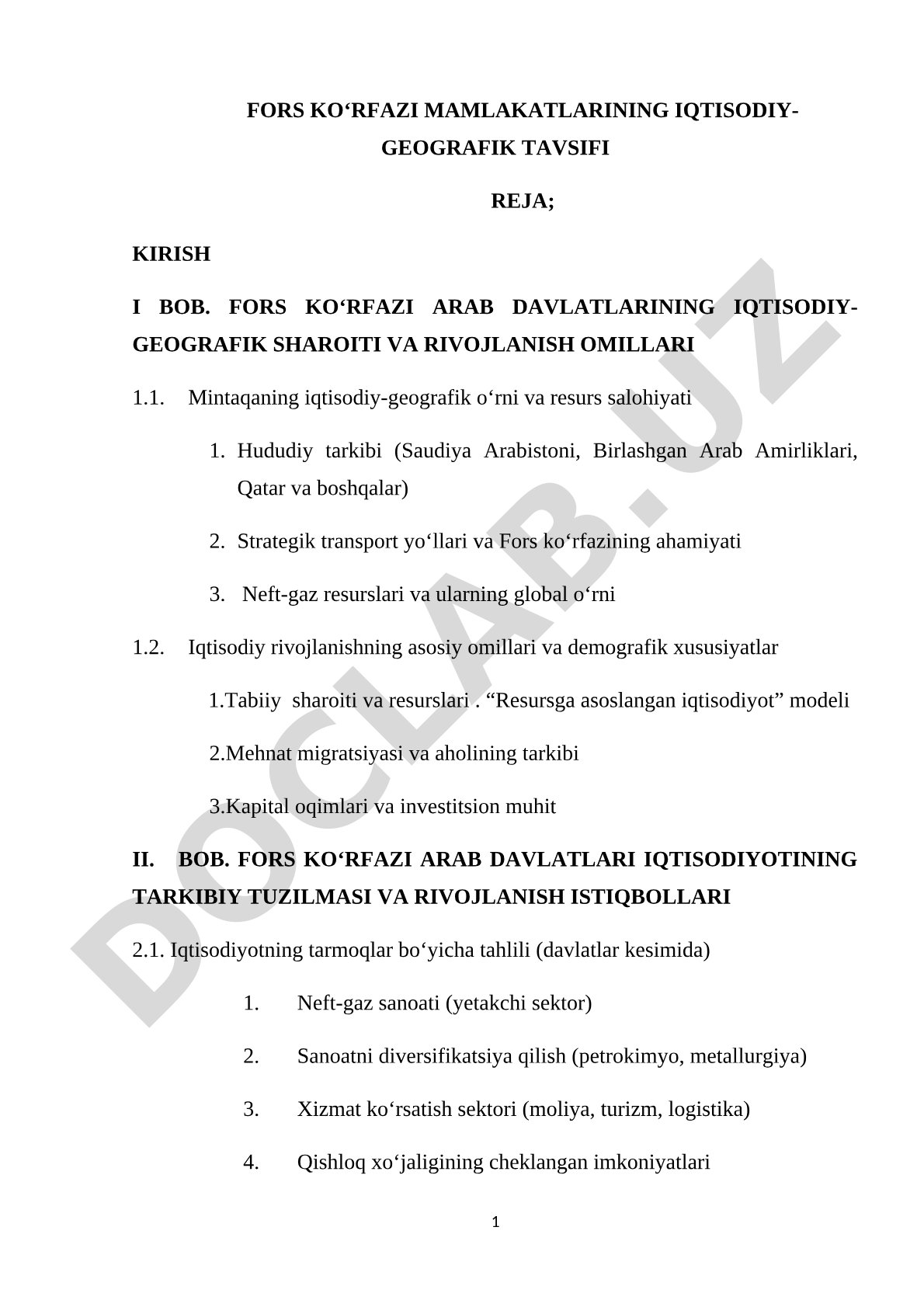 Fors ko‘rfazi mamlakatlarining iqtisodiy-geografik tavsifi