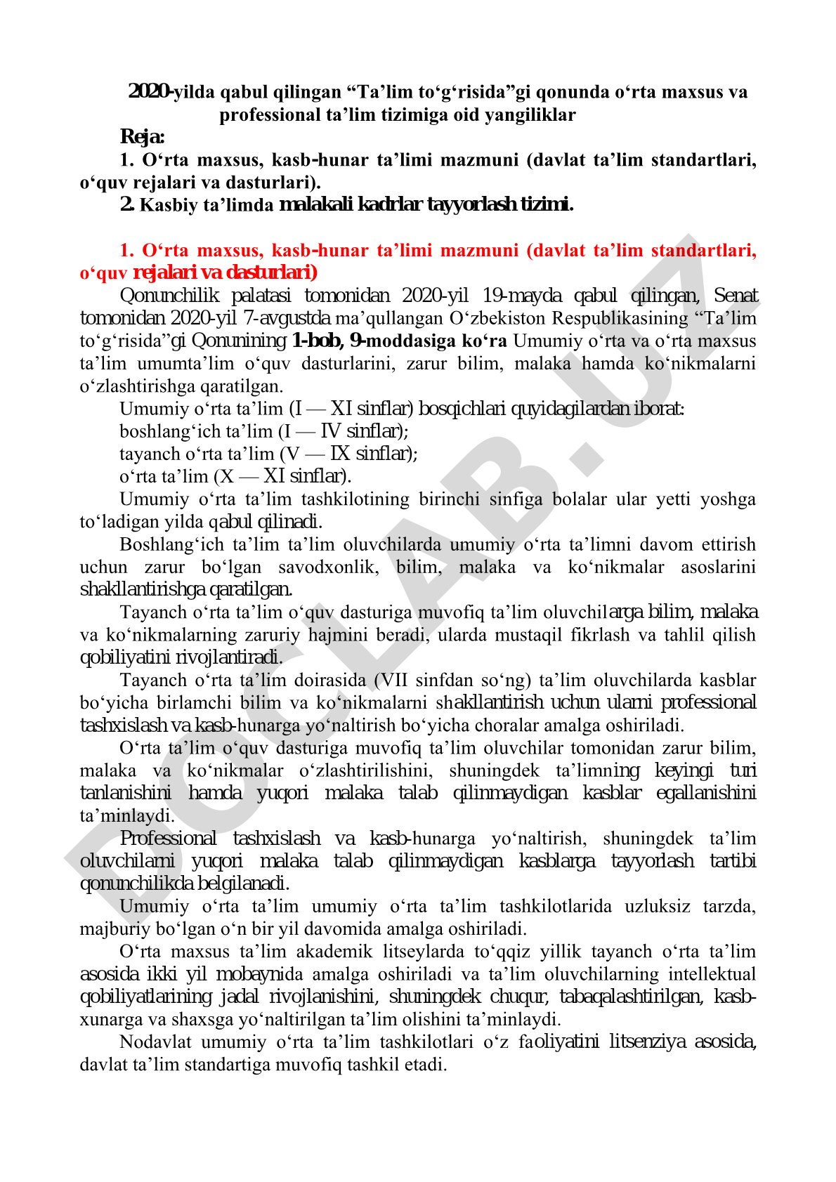 2020-yilda qabul qilingan “Ta’lim to‘g‘risida”gi qonunda o‘rta maxsus va professional ta’lim tizimiga oid yangiliklar