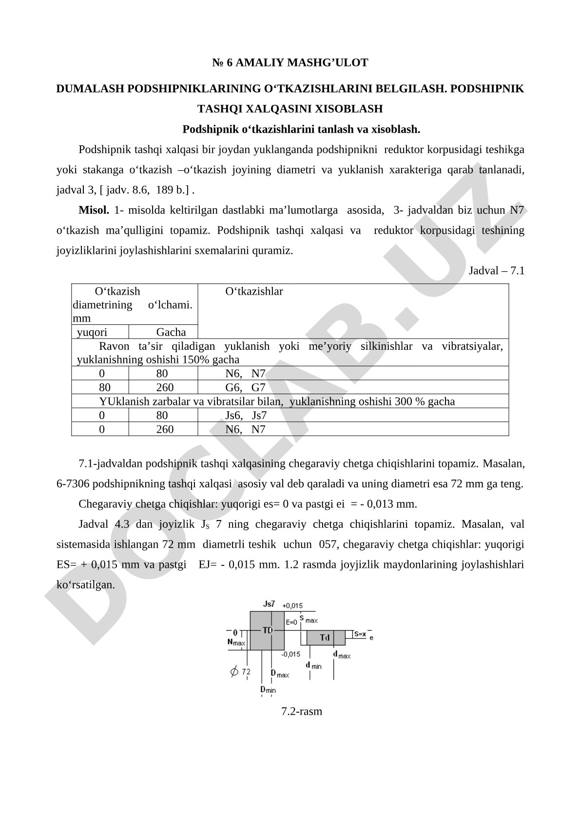 Dumalash podshipniklarining o'tkazishlarini belgilash va podshipnik tashqi xalqasini hisoblash